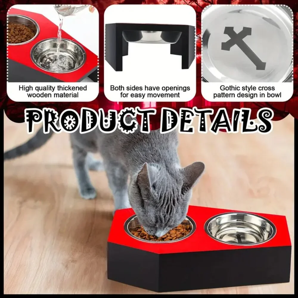 {NEW} Gothic Cat Food Bowls 5° Raised Elevated Wooden Coffin Cat Bowl